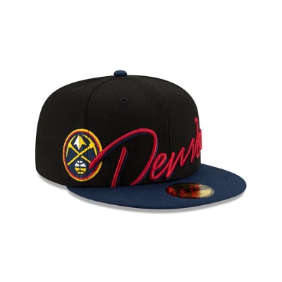 Black Denver Nuggets Hat - New Era NBA Cursive 59FIFTY Fitted Caps USA9208315